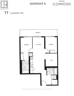Toronto (Waterfront Communities) condo for rent - A black and white image of a floor plan for a 2 bedroom, 2 bathroom apartment.