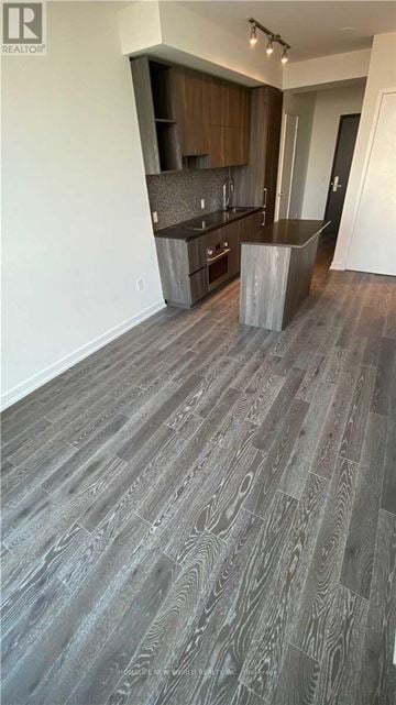 Toronto (Annex) condo for rent - A modern kitchen with wooden cabinets and a dark wood floor.