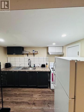 St. Catharines (Western Hill) apartment for rent - A kitchen with black cabinets and a white fridge.