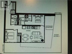 Toronto (Waterfront Communities) condo for rent - A floor plan of a home with a master bedroom, two bathrooms, a kitchen, and a dining room.