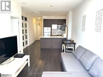 Toronto (Henry Farm) condo for rent - A living room with a grey couch and a television.