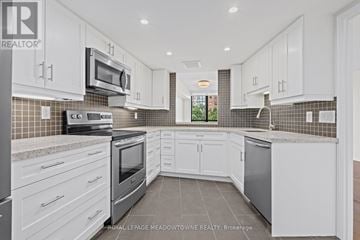 Oakville (Cp College Park) condo for rent - A modern kitchen with white cabinets and appliances.