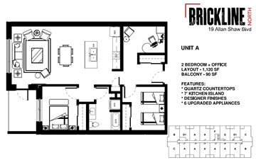 Lantz apartment for rent - A floor plan for a 2 bedroom, 2 bathroom apartment with a kitchen island and upgraded appliances.