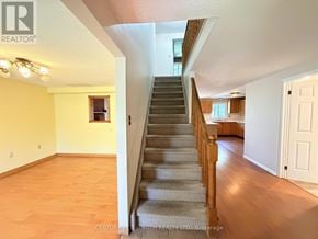 Barrie (Northwest) apartment for rent - A staircase with a carpeted runner leads up to a second floor.