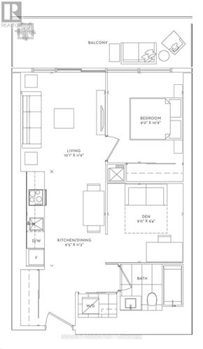 Toronto (Waterfront Communities) condo for rent - A black and white image of a floor plan for a balcony, living room, kitchen/dining area, den, and bath.