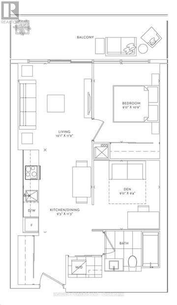 Toronto (Waterfront Communities) condo for rent - A black and white image of a floor plan for a balcony, living room, kitchen/dining area, den, and bath.