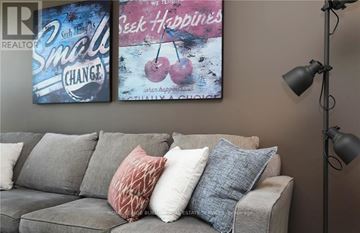 Burlington (Orchard) condo for rent - A living room with a grey couch and two posters on the wall.