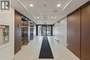Windsor condo for rent - A hallway with a black carpet in the middle and elevators on the left.