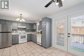 London East (East I) townhouse for rent - A kitchen with a refrigerator, oven, and sink.