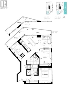 Toronto (Church-Yonge Corridor) condo for rent - A floor plan of an apartment with three bedrooms, a balcony, and a dining area.