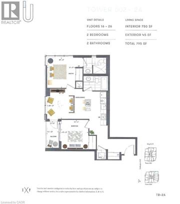 Kitchener condo for rent - A floor plan for a unit with 16 to 26 floors, 2 bedrooms, 2 bathrooms, 750 square feet interior, and 455 square feet exterior.