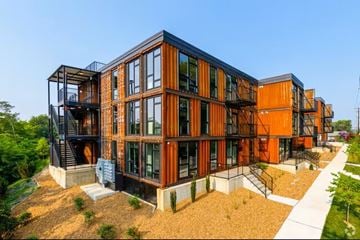 Nashville apartment for rent - A modern building with orange and black exterior and balconies.