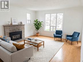 Hamilton (Eastmount) multi-family for rent - A living room with a grey couch, a coffee table, a fireplace, and a potted plant.
