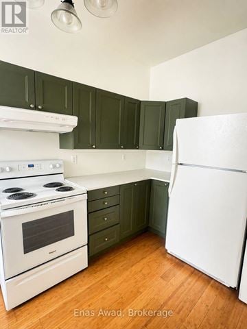 Mississippi Mills townhouse for rent - A white stove and refrigerator in a kitchen with green cabinets.