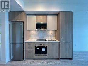 Toronto (Regent Park) condo for rent - A modern kitchen with wooden cabinets and stainless steel appliances.