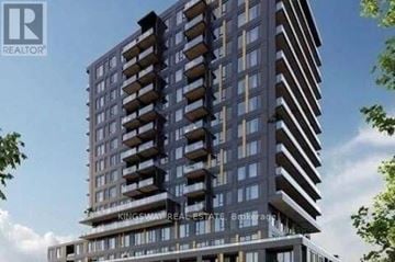 Burlington (Alton) condo for rent - A tall building with the words "Kingway Real Estate Brokerage" on it.