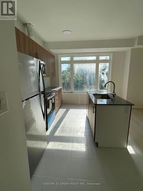St. Catharines (Glendale/Glenridge) townhouse for rent - A kitchen with a refrigerator, sink, and a window.