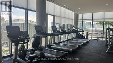 Toronto (Waterfront Communities) condo for rent - A row of treadmills in a gym with a view of the city outside the windows.