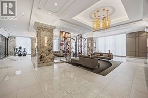 Toronto (Banbury-Don Mills) condo for rent - A spacious living room with a marble floor and a chandelier.