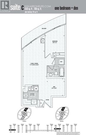 Mississauga (City Centre) condo for rent - A floor plan for a one bedroom plus den apartment.