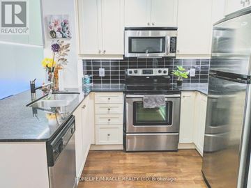 Mississauga (City Centre) condo for rent - A kitchen with a stove top oven and a microwave above it.