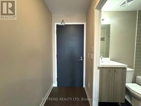 Toronto (Moss Park) condo for rent - A bathroom with a blue door and a white sink.
