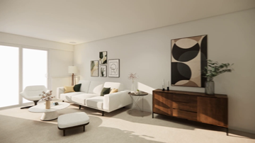 Ladysmith apartment for rent - A modern living room with a white sofa, a wooden sideboard, and a large abstract painting on the wall.