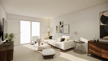 Ladysmith apartment for rent - A modern living room with a white sofa and a wooden cabinet.