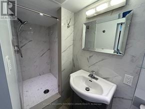 Toronto (Stonegate-Queensway) apartment for rent - A bathroom with a sink, mirror, and shower.