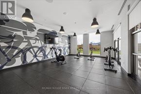 Oshawa (Windfields) condo for rent - A gym with exercise bikes and a wall mural.