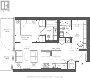 Toronto (Church-Yonge Corridor) condo for rent - A floor plan of a residential area with two balconies, a master bedroom with a master bath, a den, a dining area, a kitchen, and a living room.