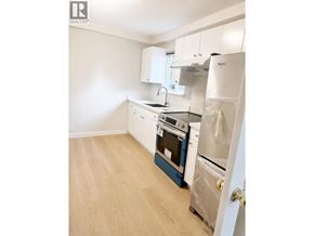 Burnaby apartment for rent - A kitchen with a white refrigerator and a blue oven.
