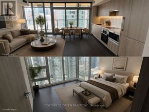 Toronto (Waterfront Communities) condo for rent - A modern bedroom with a large bed and a city view from the window.