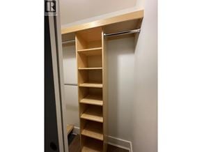 Vancouver apartment for rent - A wooden shelving unit with a sliding door is open.