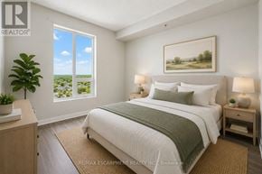 Oakville (Wm Westmount) condo for rent - A bedroom with a large bed, a window with a view, and a painting on the wall.