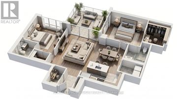 Toronto (Waterfront Communities) condo for rent - A 3D floor plan of a house with multiple rooms and furniture.