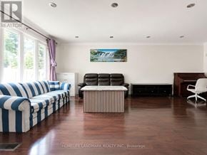Markham (Middlefield) apartment for rent - A living room with a blue and white striped couch.