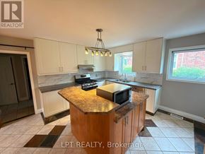 Brampton (Downtown Brampton) apartment for rent - A kitchen with a granite countertop and a microwave on it.