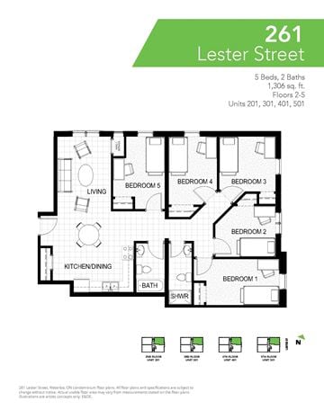 Waterloo apartment for rent - A floor plan for an apartment at 261 Lester Street showing five bedrooms, two bathrooms, a kitchen/dining area, and a living room.