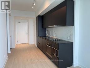 Toronto (Bay Street Corridor) condo for rent - A kitchen with black cabinets and a white door.