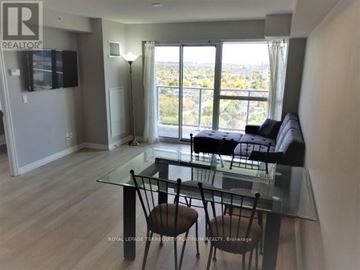 Toronto (Henry Farm) condo for rent - A living room with a glass table and chairs, a flat screen TV, and a view of the city.