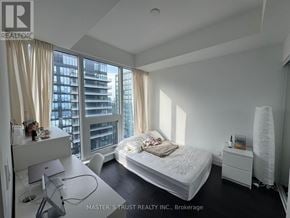 Toronto (Waterfront Communities) condo for rent - A bedroom with a large bed and a desk with a chair.