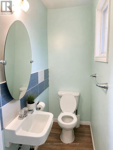 London North (North I) apartment for rent - A white toilet sits in a bathroom with a blue and white tiled wall.