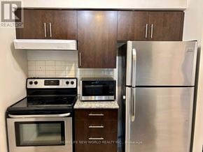 Toronto (Bendale) condo for rent - A kitchen with a stove, oven, microwave, and refrigerator.