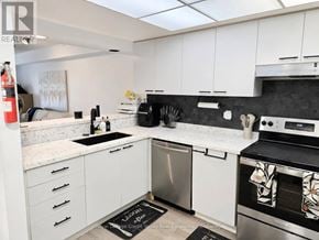 Mississauga (Hurontario) condo for rent - A modern kitchen with white cabinets and stainless steel appliances.