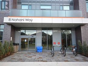 Mississauga (Hurontario) condo for rent - The front of a building with a sign that says 8 Nahani Way.