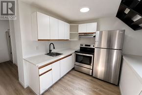 Strathroy-Caradoc (Nw) multi-family for rent - A kitchen with white cabinets and a stainless steel refrigerator.