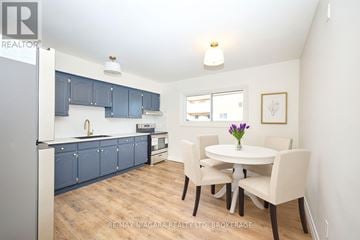 Welland (Lincoln/Crowland) multi-family for rent - A kitchen with blue cabinets and a white table.