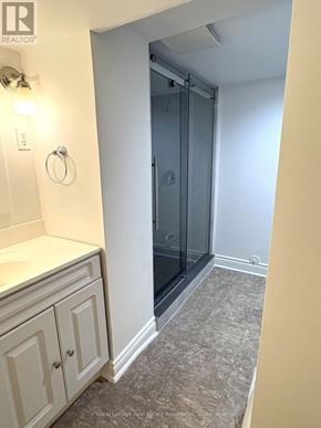 Burlington (Lasalle) apartment for rent - A bathroom with a walk-in shower and a white vanity.