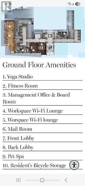 Toronto (Humber Heights) condo for rent - A floor plan of a building with a list of amenities including a yoga studio and fitness room.